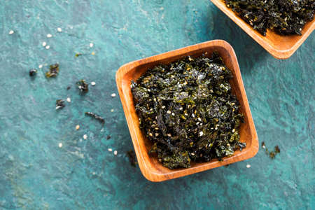 Crunchy Seaweed Snack. Food background with copy space. Top view.の写真素材