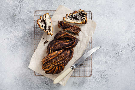 Sweet bun with poppy seeds. Food background with copy space. Top view.の写真素材