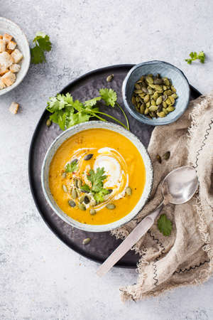 Spiced Pumpkin, Carrot, and Sweet Potato Soupの写真素材