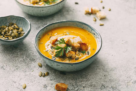 Pumpkin soup in a bowlの写真素材