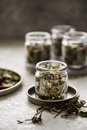 Various herbal tea in small glass.の写真素材