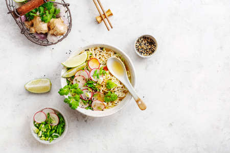 Traditional Asian soup with noodlesの写真素材