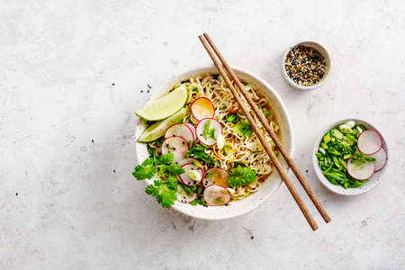 Bowls with Asian soup Ramenの写真素材