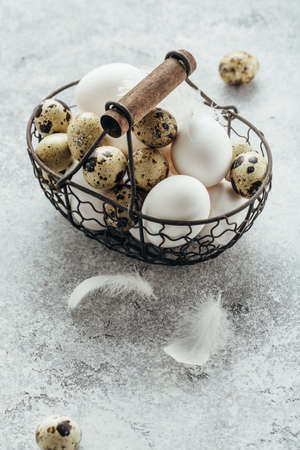 Fresh farm Quail and chicken eggs in a basket.の写真素材