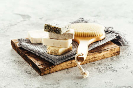 Natural aroma soap and brush for body. Spa. Selective focus.の写真素材
