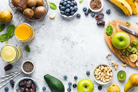Delicious fruit smoothies, with fruits and berries, top view.の写真素材