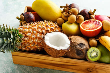 A box of fresh Thai fruit. Close up.の写真素材