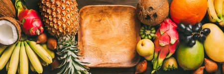Fresh exotic fruit with copy space. Web header template.の写真素材