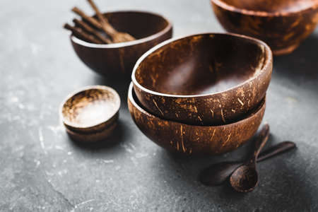 Tableware made of coconut and palm wood. Selective focus.の写真素材