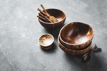 Tableware made of coconut and palm wood. Organic tableware.の写真素材