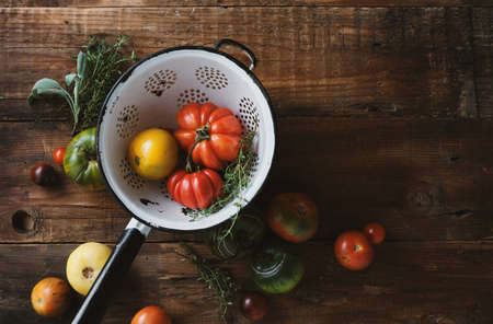 Farm tomatoes and herbs in a colanderの写真素材