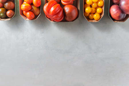 Different types of tomatoes in little trays with copy space over shabby grey background.の写真素材