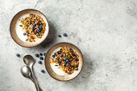 Homemade granola with yogurt and blueberryの写真素材