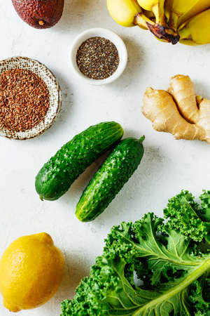 Ingredients for green smoothies. Healthy food, top view.の写真素材