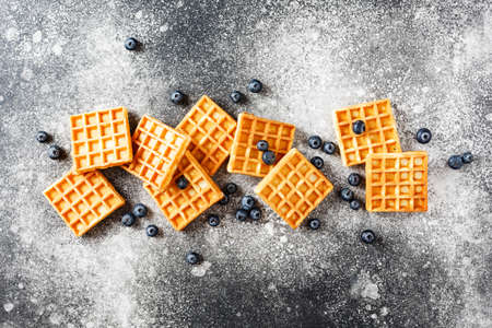 Freshly baked waffles and blueberries on a textured surface. Top view.の写真素材