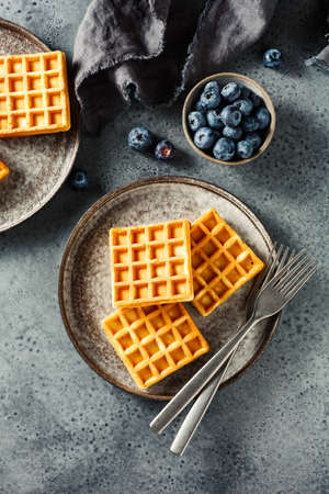 Belgian waffles with honey fresh blueberries. Top view.の写真素材