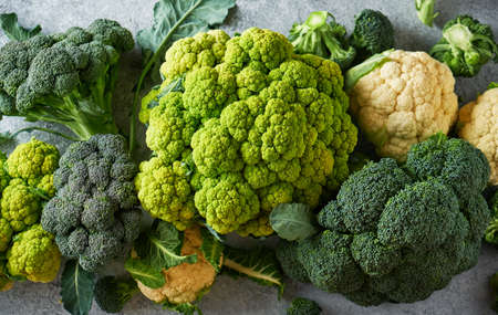 Fresh green cabbage, cauliflower and broccoliの写真素材