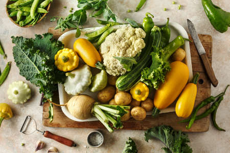 Fresh organic seasonal vegetables, ingredients for cooking. Top view.の写真素材