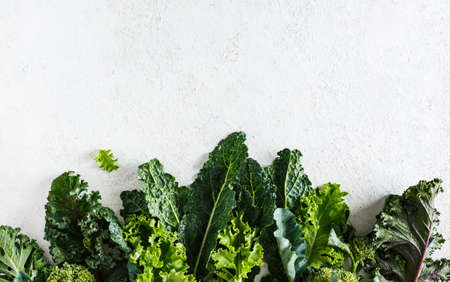 Fresh picked greens from the garden, collards, kale, broccoli.の写真素材