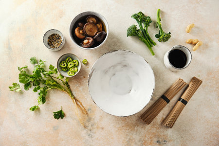 Cooking ingredients for asian noodlesの写真素材