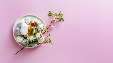 Spa stones, bottle with essential oil and a flowering branch of almonds.の写真素材