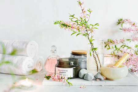 Spa composition with scented candlesの写真素材