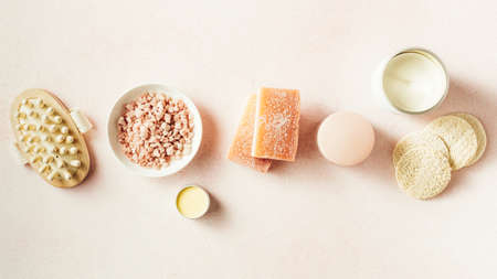 Body cream, bath salt, scented candle, balsam and natural soap.の写真素材