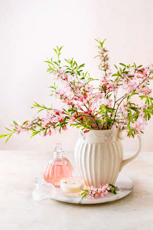 Still life composition with wild almond bouquetの写真素材