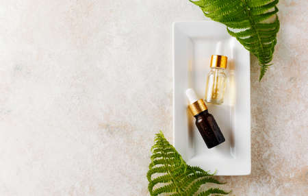 Two bottles with essential oil and fern leaves.の写真素材