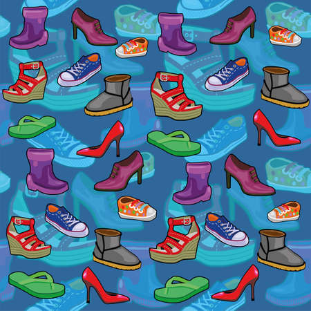 Pattern of seamless background with drawings of different types of shoes in cartoon styleのイラスト素材
