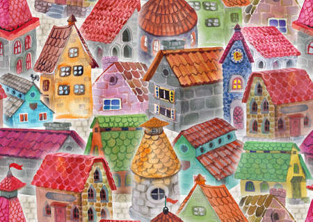 Seamless hand drawn pattern painted with watercolors. Image of a fantastic city with a variety of funny housesの写真素材