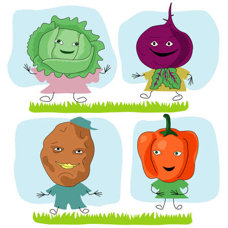 Beets, potatoes, cabbage and sweet peppers in the form of cartoon charactersのイラスト素材