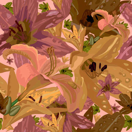 Seamless floral pattern with pink and yellow lilies on a pink backgroundのイラスト素材