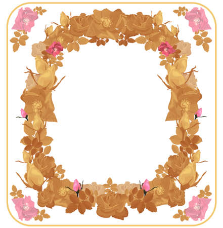 Symmetrical frame of gold and pink color from flowers and rosebudsのイラスト素材