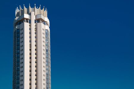 Almaty, Kazakhstan, October, 16, 2019, Hotel Kazakhstan. Top of tall building with crown against the...