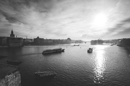 Prague at Twilight, view of Bridges dawn, BWの写真素材