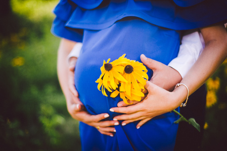 Father and pregnant mother holding hands together with yellow flowers on a green meadow. Dressed in a blue dress and shirtの写真素材