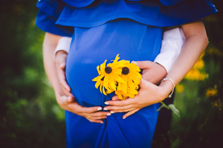 Father and pregnant mother holding hands together with yellow flowers on a green meadow. Dressed in a blue dress and shirtの写真素材