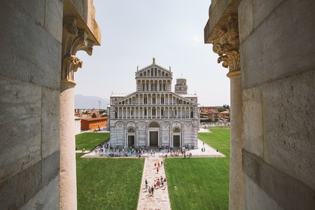 Italy. Pisa, July 21, 2013 View on the Basilica and the Leaning Tower on Piazza dei Miracoli in Pisa during sunny summer day, Italy.のeditorial素材