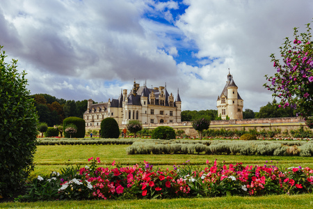 July 23, 2017 the castle of Chenonceau. France. The facade of the medieval castle of ladies. The royal medieval castle of Chenonceau Castle and the garden. Chenonceau, the Loire Valley, France, Europe. UNESCO heritage site.のeditorial素材