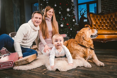 Mom dad and child 1 year old Caucasian woman sitting on floor near Christmas tree with gifts and big dog breed labrador golden retriever.の写真素材