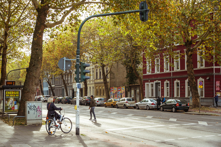 October 20, 2018 Germany Krefeld city. Bicycle as an ecological transport, means movement in Europe. A city dweller rides a bike.のeditorial素材