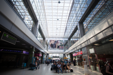 July 4, 2013. Ukraine, Kiev. Zhuliany International Airport Kiev. The interior of the terminal departure in the summer.のeditorial素材