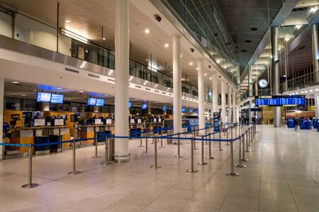 February 18, 2019. Kastrup Airport in Denmark, Copenhagen. Theme transport and architecture. Evening...