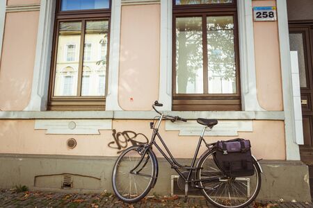 October 21, 2018. City Krefeld Germany. Urban one bike parked without anyone on a sunny day in the fall on a European street.のeditorial素材