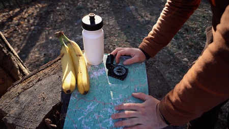theme hiking and nature travel. Hands Caucasian male tourist break felled tree, stump in forest autumn sunny weather. Searching direction with compass on map. Theme navigation and plot route.の写真素材