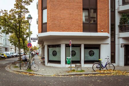 Bicycle Parked On City Street. A city bike in Dusseldorf. Urban bike parked without anyone on European street. Bicycle ecological mode of transport in Europe. Dusseldorf, Germany October 25, 2018.のeditorial素材