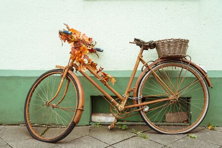 Bicycle Parked On City Street. A city bike in Dusseldorf. Urban bike parked without anyone on European street. Bicycle ecological mode of transport in Europe. Dusseldorf, Germany October 25, 2018.の写真素材