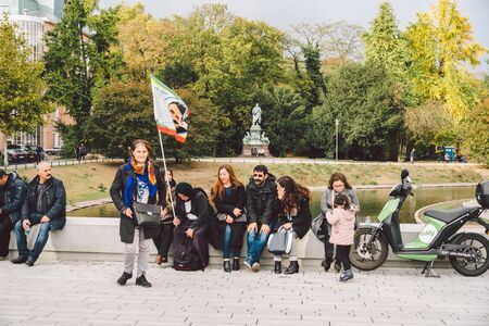 muslims manifestation October 27, 2018 Germany, Dusseldorf. Political protest in streets. migrants protest demanding. Arab protest politics in Germany. Muslim migrant refugee defends rights in square.のeditorial素材