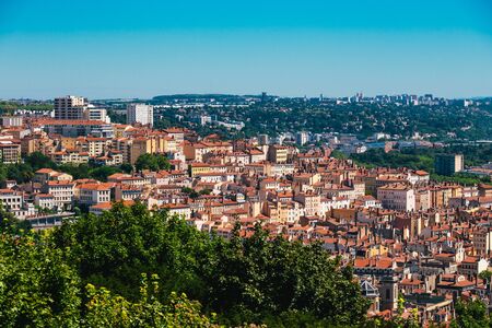Lyon panorama elevated view on sunny day. Aerial panoramic view of Lyon with the skyline.